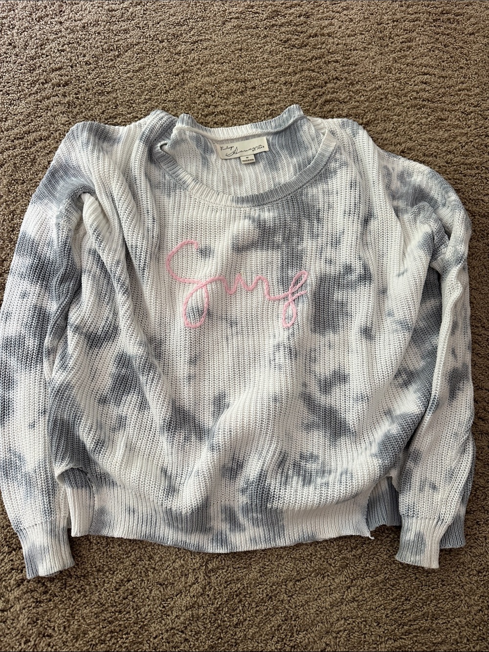 Vintage Blue-Gray Tie-Dye Crewneck Sweater with Pink Script